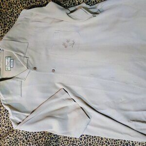 Pussers 100% silk button up men shirt size large color tan 3 palm trees on pocke